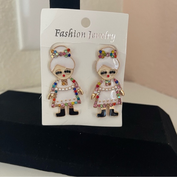 NWT Adorable Christmas Grandma Dangle Earrings With Colorful Shiny Rhinestones - Picture 2 of 5